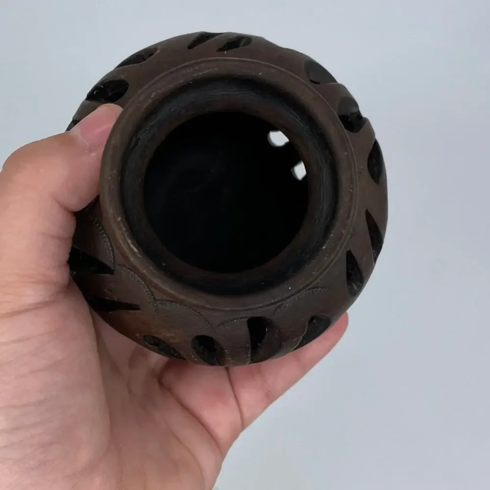Hand engraved open work floral ceramic vase dark brown	small 3.5
